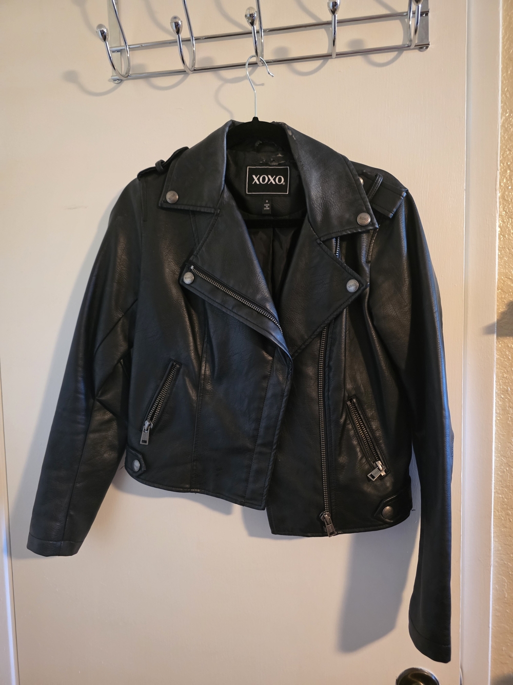XOXO Black Faux Leather Moto Jacket with Zipper Details